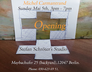 Opening, some works, acrylic on tarp and cut on cardboard in Stefan Schröter's studio.