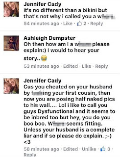she cheated on her husband Tim Mcgowan and leaves comment on his Facebook wall that she did it.