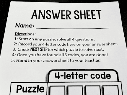 Printable math escape rooms answer sheet