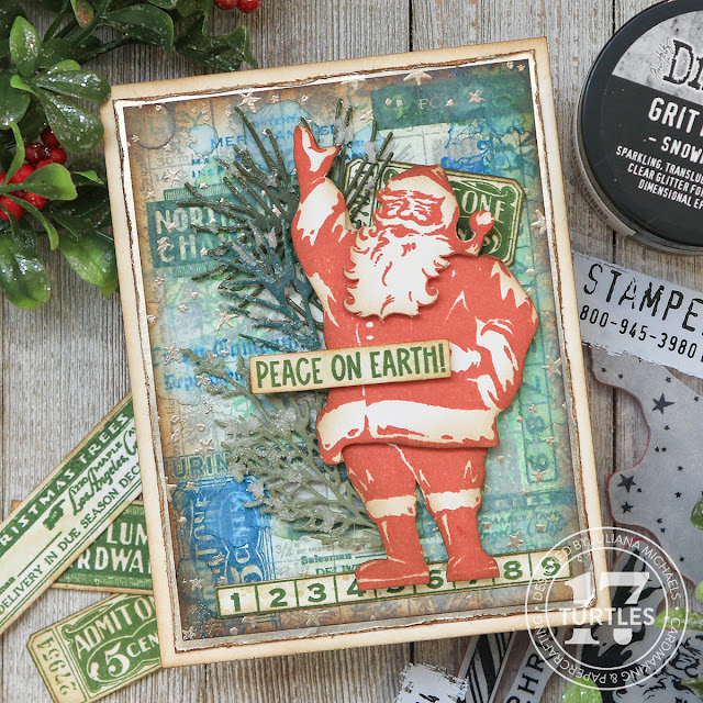 Retro Santa Peace On Earth Christmas Card by Juliana Michaels featuring Tim Holtz Stampers Anonymous Christmas 2023 Winter Woodlands and Jolly Holiday Stamp Sets