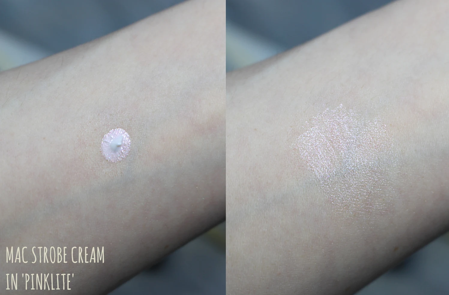 close-up of a Pinklite strobe cream by mac cosmetics on a light skin