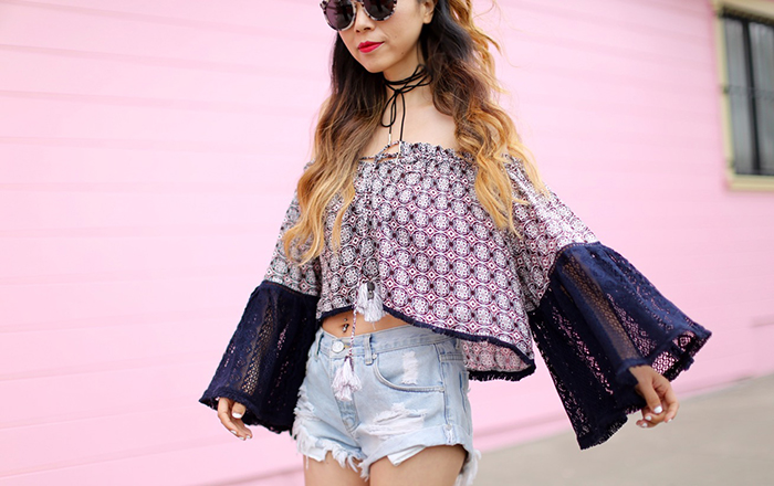 Glamorous off shoulder top with wide lace sleeves, choker, gentle monster sunglasses, one teaspoon shorts, givenchy mini antigen, peep toe booties, san francisco street style, nm gift card event