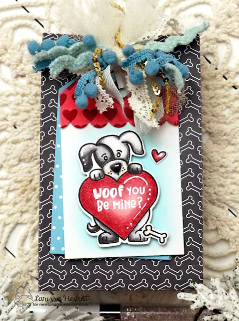 Woof You Be Mine Gift Bag & Gift Tag for Newton's Nook Designs by Larissa Heskett using Puppy Heart, Woofs Paper Pad, Fancy Edges Tag Die Set