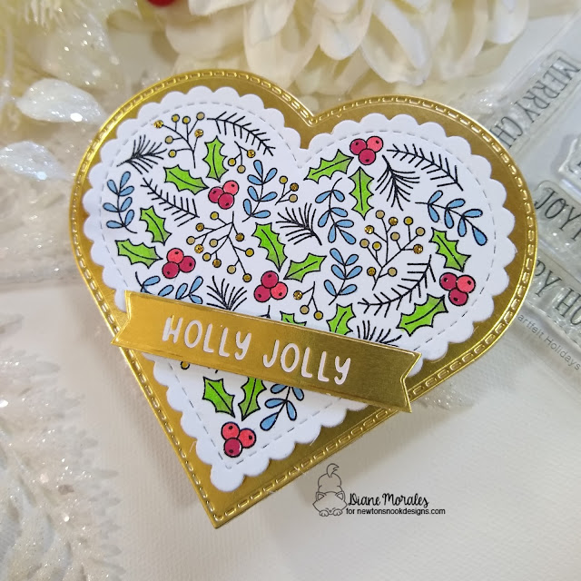A Jolly Heart Shaped Holiday Card by Diane Morales | Heartfelt Holidays Stamp Set, Heart Frames Die Set, Holiday Greetings Hot Foil Plates and Banner Duo Die Set by Newton's Nook Designs #newtonsnook #handmade