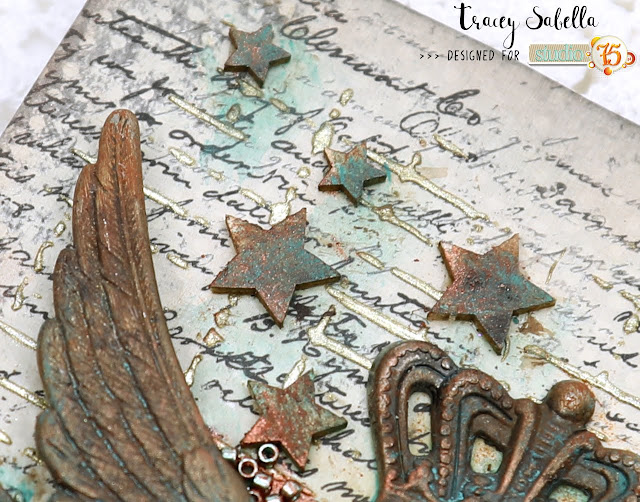 Industrial Steampunk Card by Tracey Sabella for Studio75: #studio75 #scrapiniec #finnabair #Primamarketing #thecraftersworkshop #timholtz #stampersanonymous #helmar #thermoweb #7gypsies #industrial #steampunk #rust #mixedmedia #masculine #masculinecard #card #cards #vintage #typewriter #wings