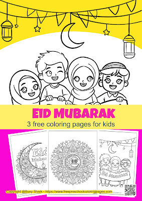 3 free coloring pages designed to capture the essence of Eid al-Fitr. These pages feature mandala, crescent moon, and cheerful kids