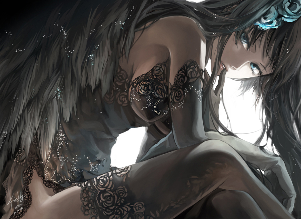 Beautiful Anime Girl Black Dress Wings HD Wallpaper Desktop PC ...