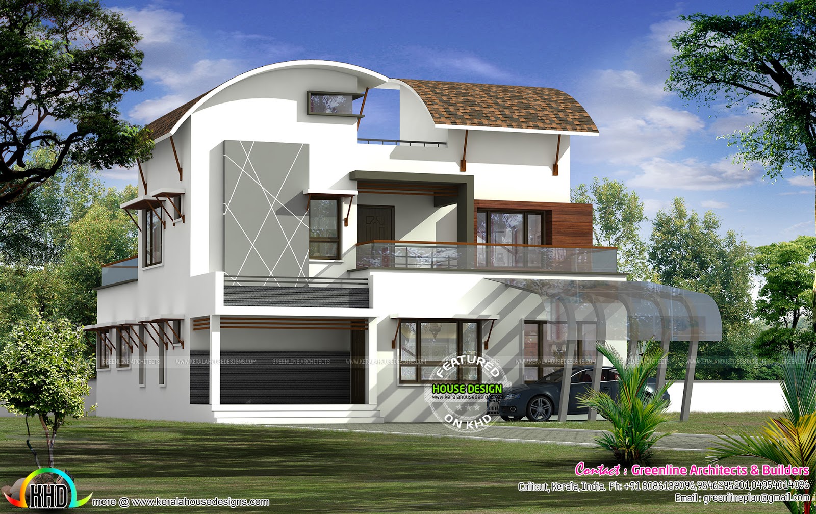 Contemporary architecture curved roof Kerala home design 