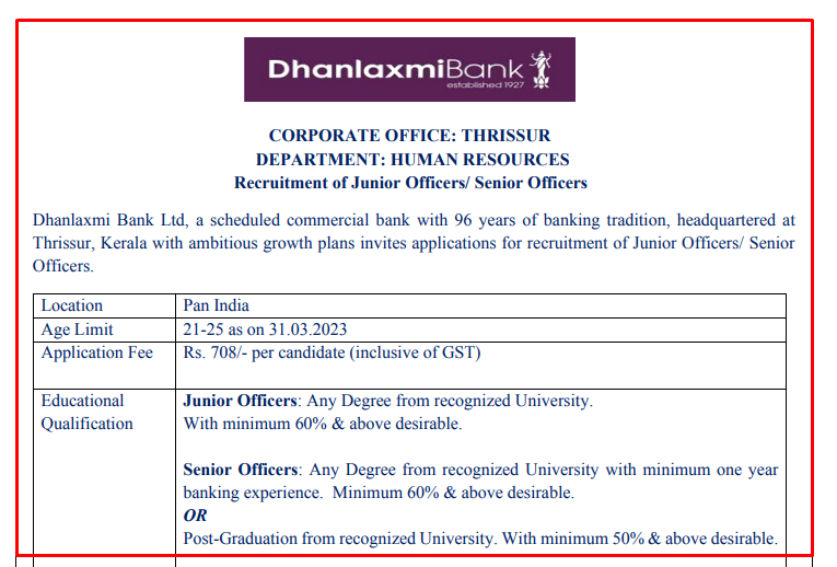 Dhanlaxmi Bank Recruitment for Junior Officers/ Senior Officers Posts 2023 - www.dhanbank.com