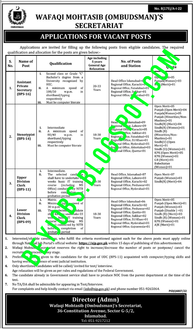 Wafaqi Mohtasib Ombudsman Department has announced new Government jobs 2023 at federal Govt for ldc,udc,steno-typists, and Private Assistant Secretary