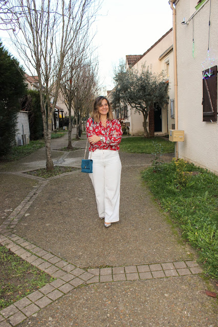 look du jour, blouse zara rouge, pantalon velours blanc, les petites bulles de ma vie