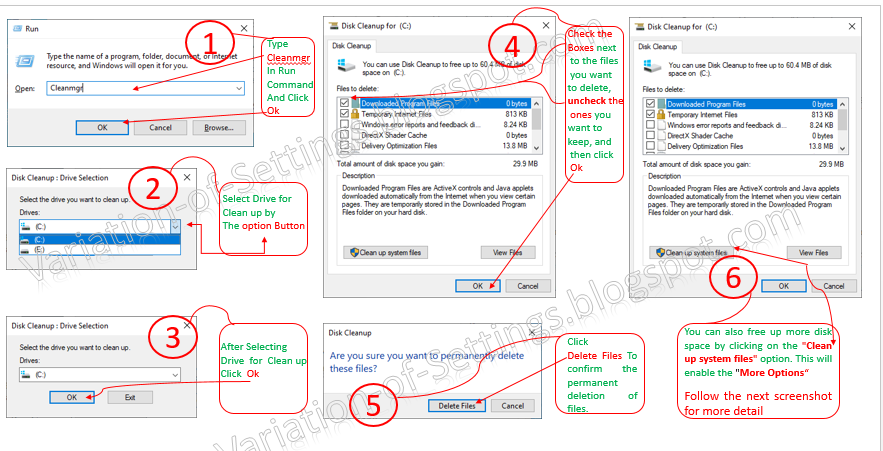 1. Type "cleanmgr" in the Run Command box, hit enter. 2. select the drive you want to clean up. 3. Click ok. 4. Now the list of deletable files and folders will appear. Check the boxes next to the files you want to delete, uncheck the ones you want to keep, and then click "OK". 5. Click Delet files to confirm deletion process. 6. For in debth and expert clean up click "Clean up system files" now follow the next screenshot for futhe info.