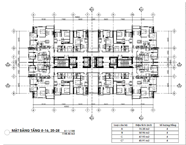 Mặt bằng tầng căn hộ 8 đến 16 và 20 đến 28, FLC Green Home