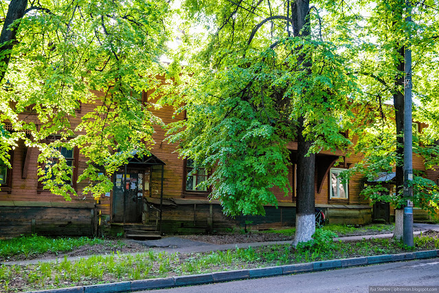 Деревянный дом за листвой деревьев