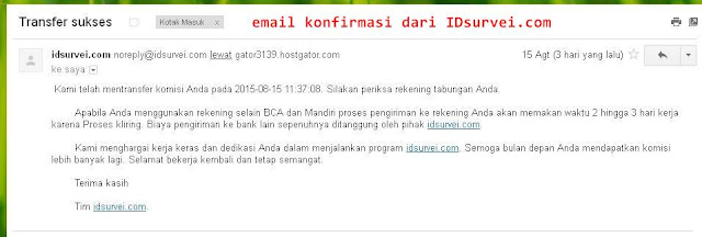 Email - Bukti Laporan Transfer Pembayaran Dari IDSurvei Periode 16 Juli - 15 Agustus 2015