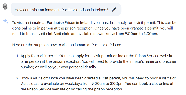 A screengrab of results from Google Bard about the Irish prison service