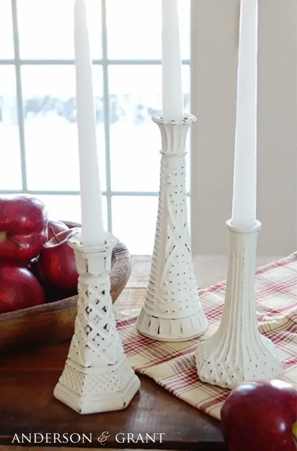 White painted and distressed glass candlestick vases