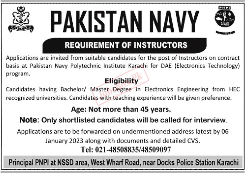 Pakistan Navy Jobs 2022 for Instructors Latest Advertisement
