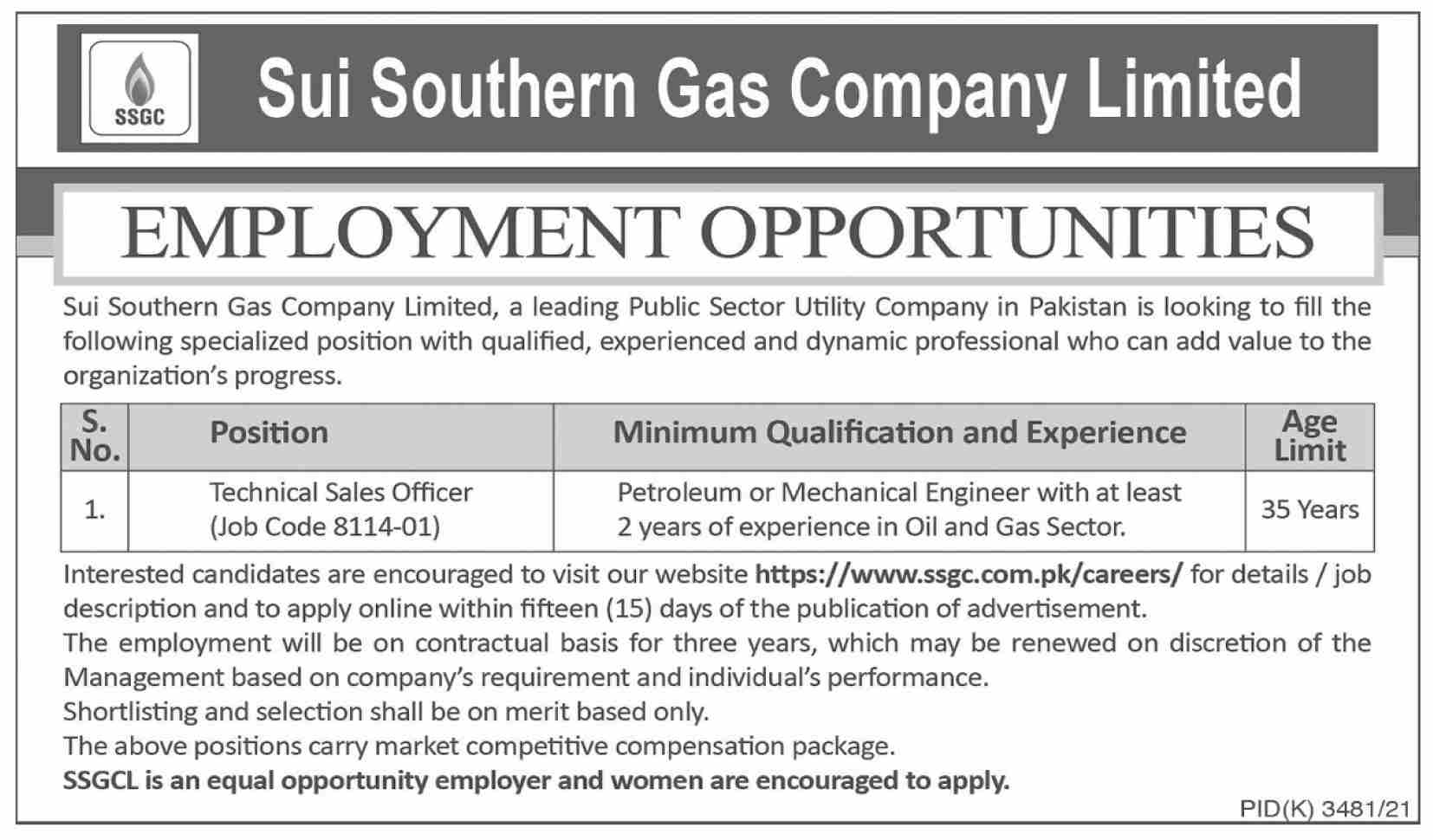 Latest Sui Southern Gas Company Limited SSGC Sales Posts Karachi 2022
