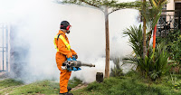 A worker fogs a residential neighborhood with insecticides to kill mosquitoes. (Credit: Shutterstock) Click to Enlarge.