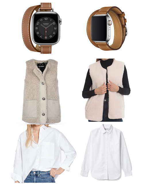 splurge vs save white button down, faux shearling vest, leather double watch strap