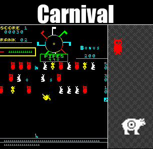 Animation demonstrating the gameplay and graphics of the 1980 arcade game, Carnival.  Sprites for the target are also shown, including a duck, owl, rabbit, and bear.