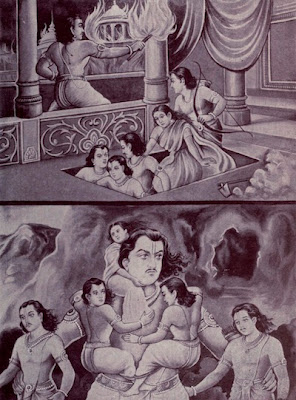 The Pandavas escaping the burring palace. Shows Bhima carrying the others to safety