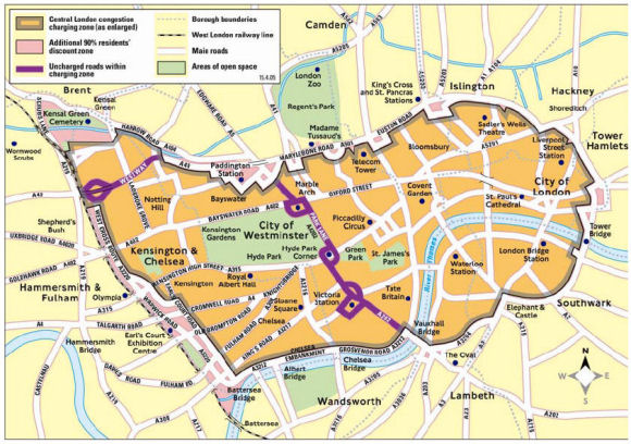 London congestion charge zones, Western extension is the left half, 