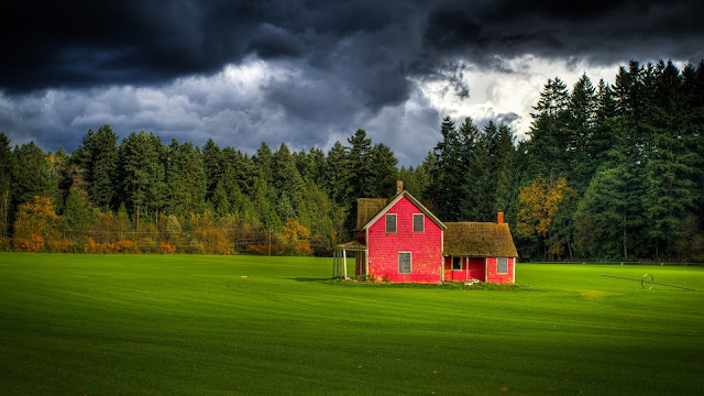 Canada British Columbia Cloudy Sky Forest Farm Red House HD Wallpaper