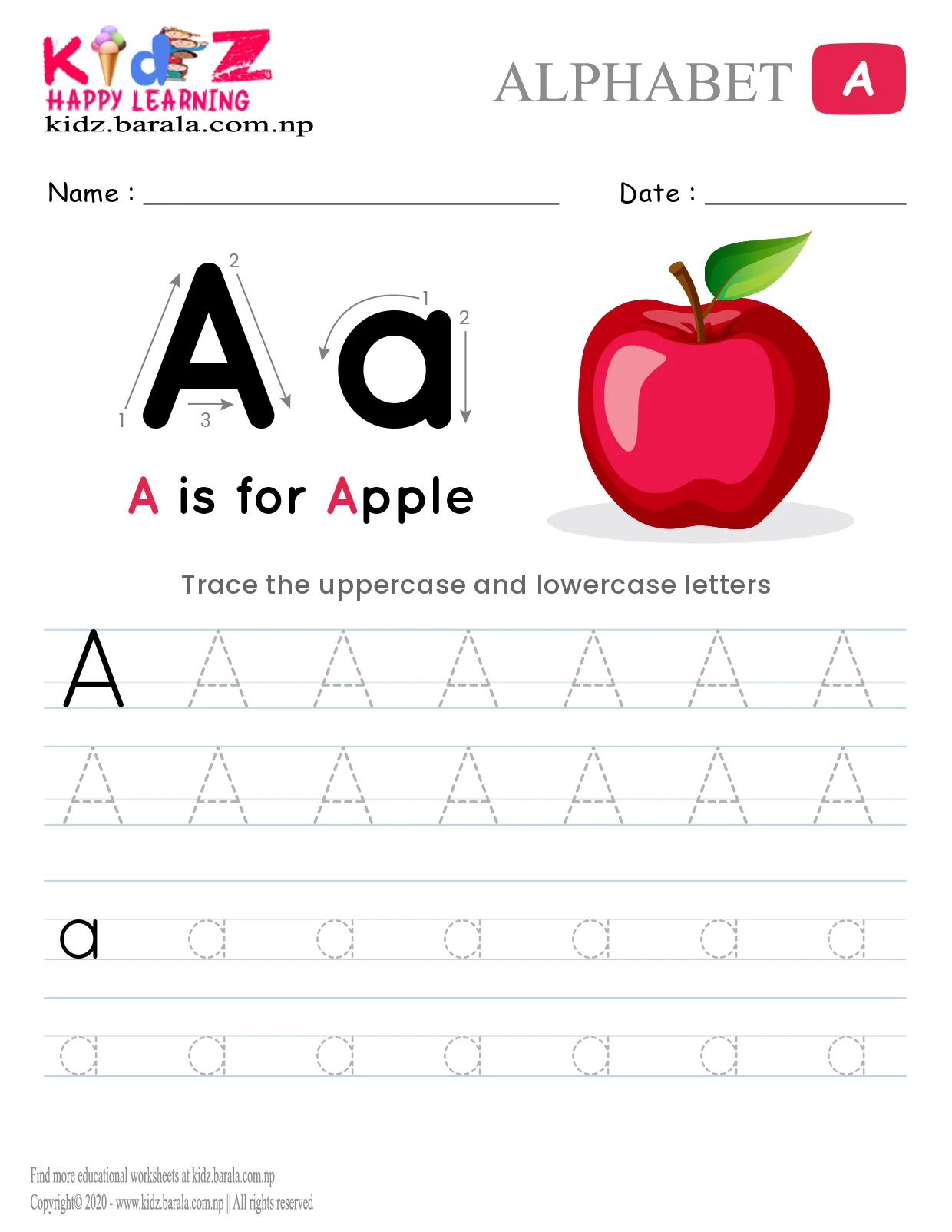 Alphabet A tracing worksheet free download .pdf