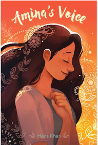 Amina's Voice By Hena Khan book cover, featuring a sunset ombre background and Amina touching her hand to her heart