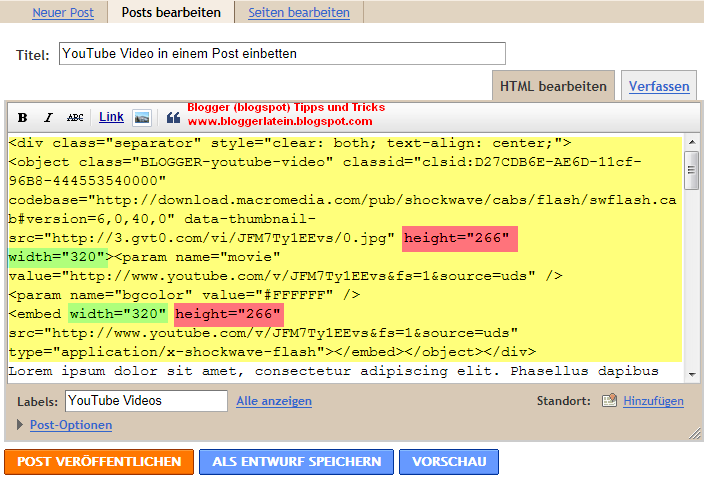 YouTube Video bei Blogger Blogspot einbetten, einfügen bzw. anzeigen