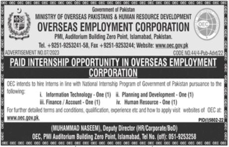 Latest Overseas Employment Corporation OEC Management Posts Islamabad 2023