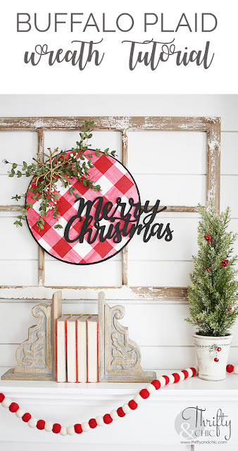 DIY Christmas Wreath with Buffalo Plaid. How to paint red and white buffalo plaid. How to paint buffalo check pattern. Wood disc Christmas wreath tutorial.