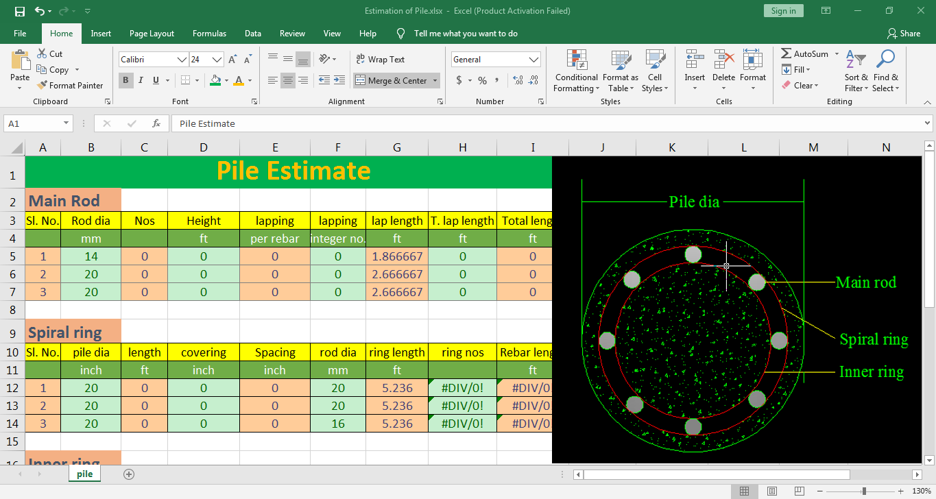 Estimation of Pile in Excel Sheet