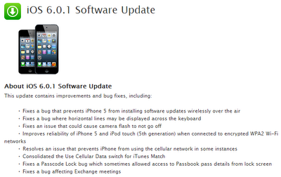 iOS 6.0.1 Software Update ChangeLog