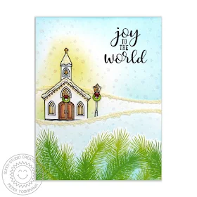 Sunny Studio Stamps: Christmas Chapel Joy To The World Snowy Church Card by Mendi Yoshikawa