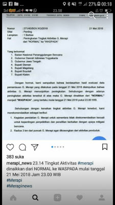 BPPTKG: Status Merapi Dinaikkan dari Normal ke Waspada 21 Mei 2018 Jam 23.14 WIB