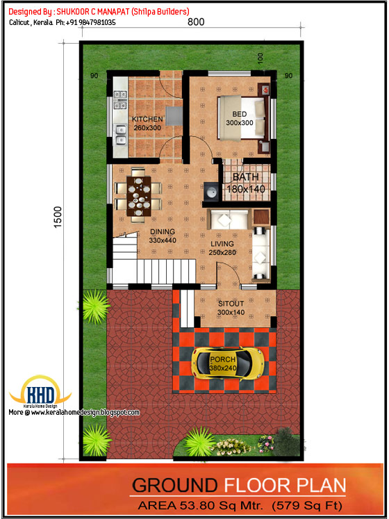 Ground floor plan - 1062 Sq.Ft. 3 bedroom low budget house