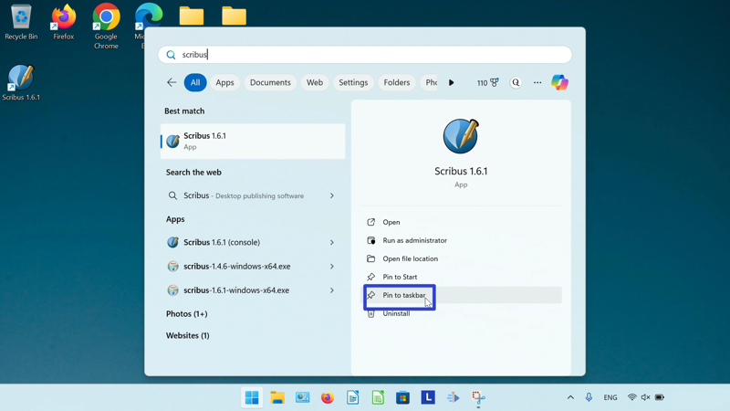 A screenshot of the cursor clicking the "Pin to taskbar" option in the search results screen.
