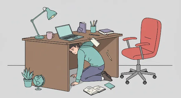 지진으로 책상아래로 몸을 숨기는 사람