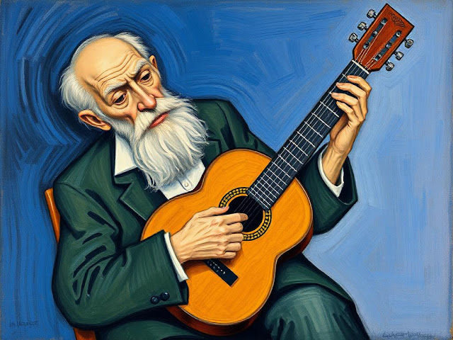 "The Old Guitarist painting by Pablo Picasso during the Blue Period."