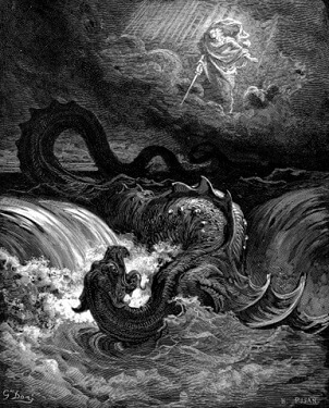 Leviathan Originating in ancient Hebrew lore and popularized in medieval demonology, Leviathan, the demon of envy and faith, was an aquatic, ARCH SHE-DEMON; she was also said to be a FALLEN ANGEL of the Order of Seraphim. Her name in Hebrew means “the crooked (or piercing) serpent (or dragon)” or “whale.”