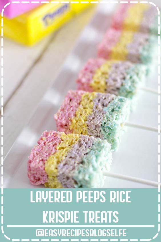 Rice Krispie Treats with a twist - they're made with marshmallow Peeps and layered for a beautiful, colorful Easter treat! #EasyRecipesBlogSelfe #RiceKrispieTreats #Easter #Peeps #EasyRecipesTreats