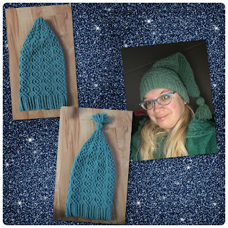 Collage of cabled stocking cap: finished, finished with tassel attached, and modeled by yours truly.