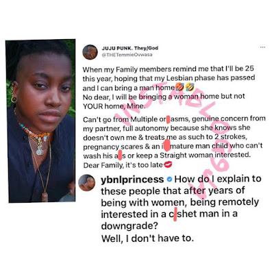 The former YBNL artist took to her social media pages to state why she can’t leave lesbianism despite the fact that she will be 25 this year and her family members have been reminding her to settle down with a man.