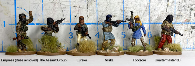 28mm Modern Insurgent/Terrorist Miniatures for Wargaming in Africa: Size Comparison of Empress, The Assault Group, Eureka, Miska, Footsore, Quartermaster 3D with AK-47