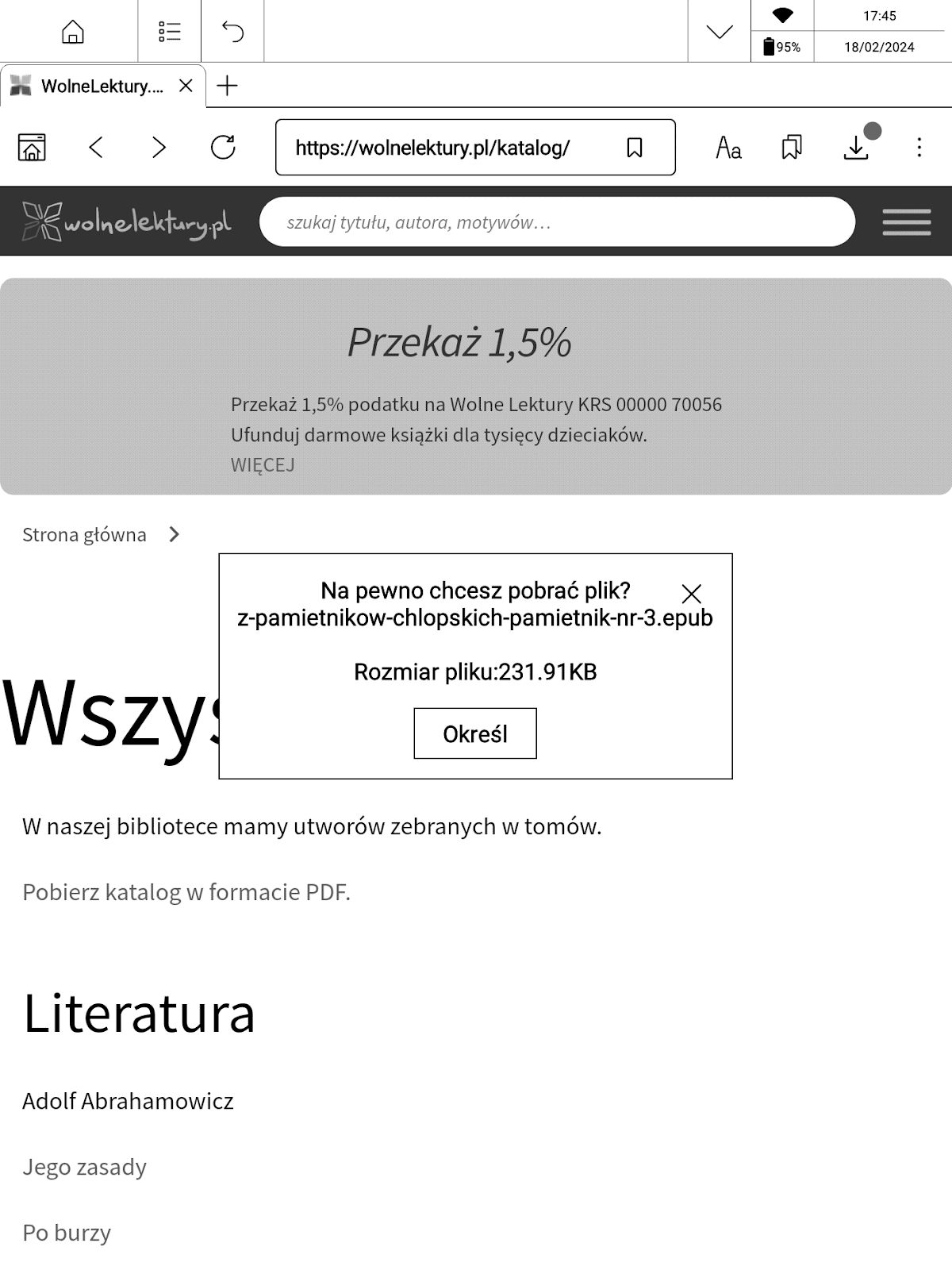 Pobieranie e-booka z serwisu Wolne Lektury w przeglądarce na PocketBook InkPad X Pro
