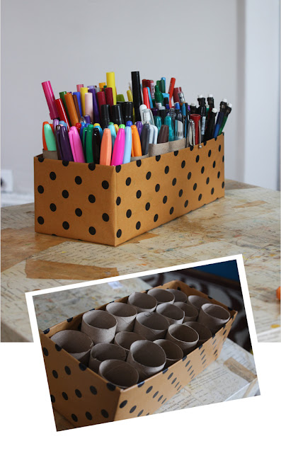 Toilet paper roll art caddy, organizing with toilet paper rolls, organizing.