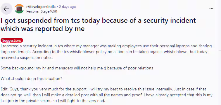 TCS Suspends A Whistleblower for Reporting Security Incident